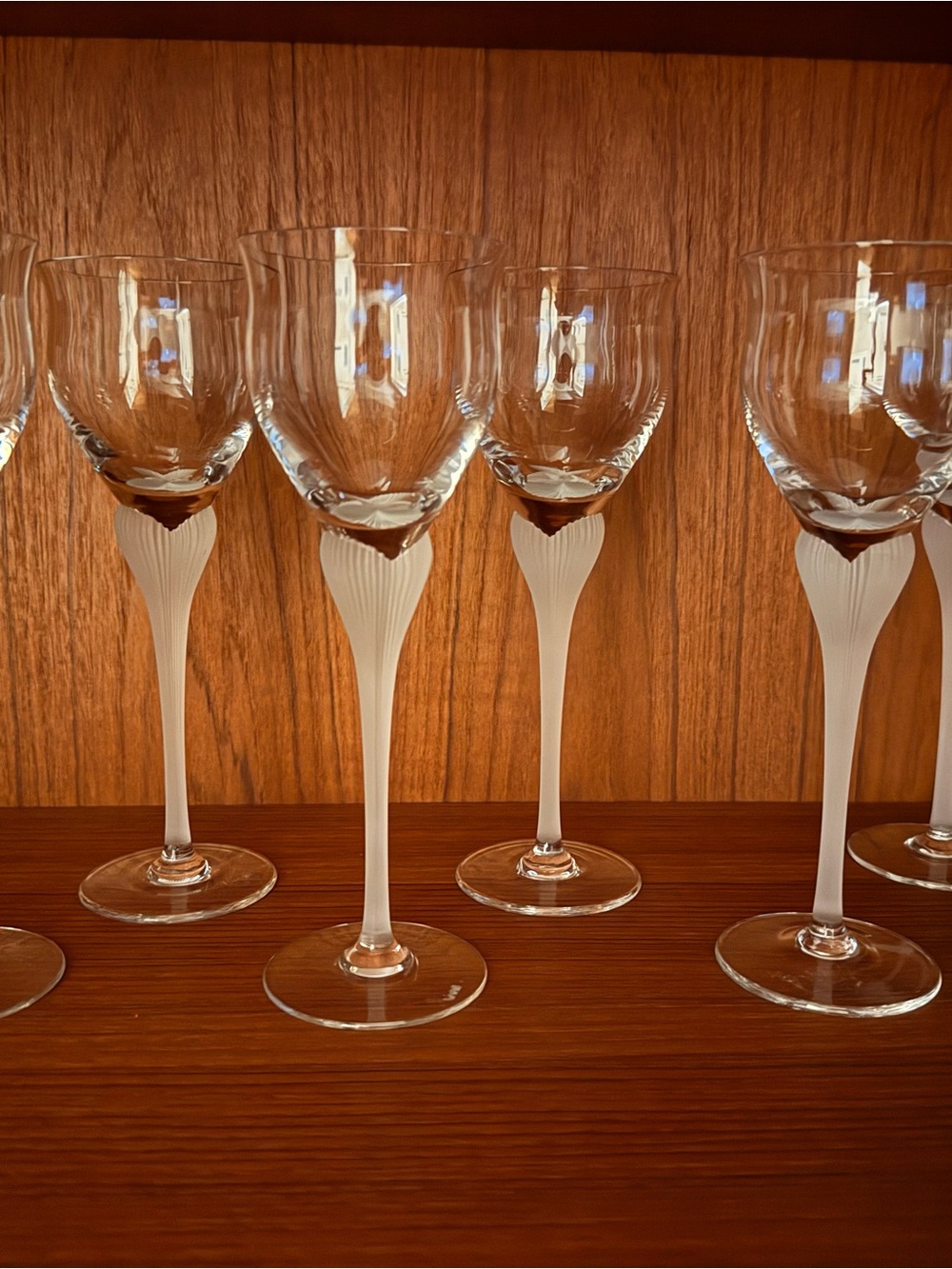Set of 7 Vintage Mikasa Sea Mist Crystal Glasses Frosted Ribbed Stems 8-3/8”